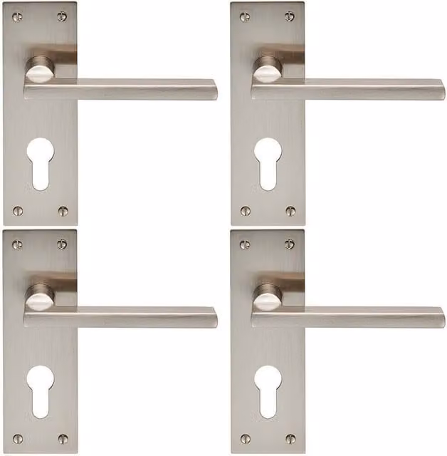 Loops 4x Pair Straight Bar Handles with Slim Euro Lock Backplate, Satin Nickel, W: 150 mm, H: 50 mm