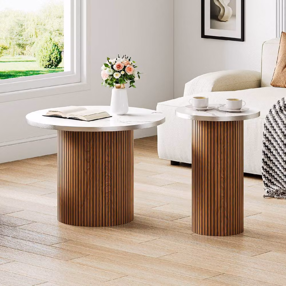 Dprodo Set of 2 Round Small Coffee Tables in Brown Walnut Finish – 3