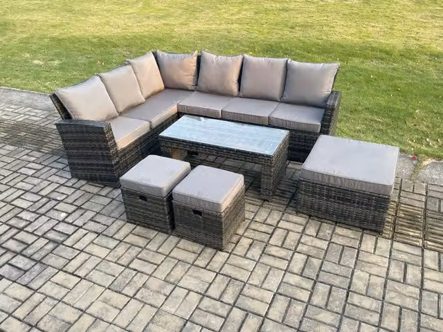 Fimous 9 Seat Rattan Garden Furniture Set with Corner Sofa, Coffee Table and 3 Ottomans in Dark Grey