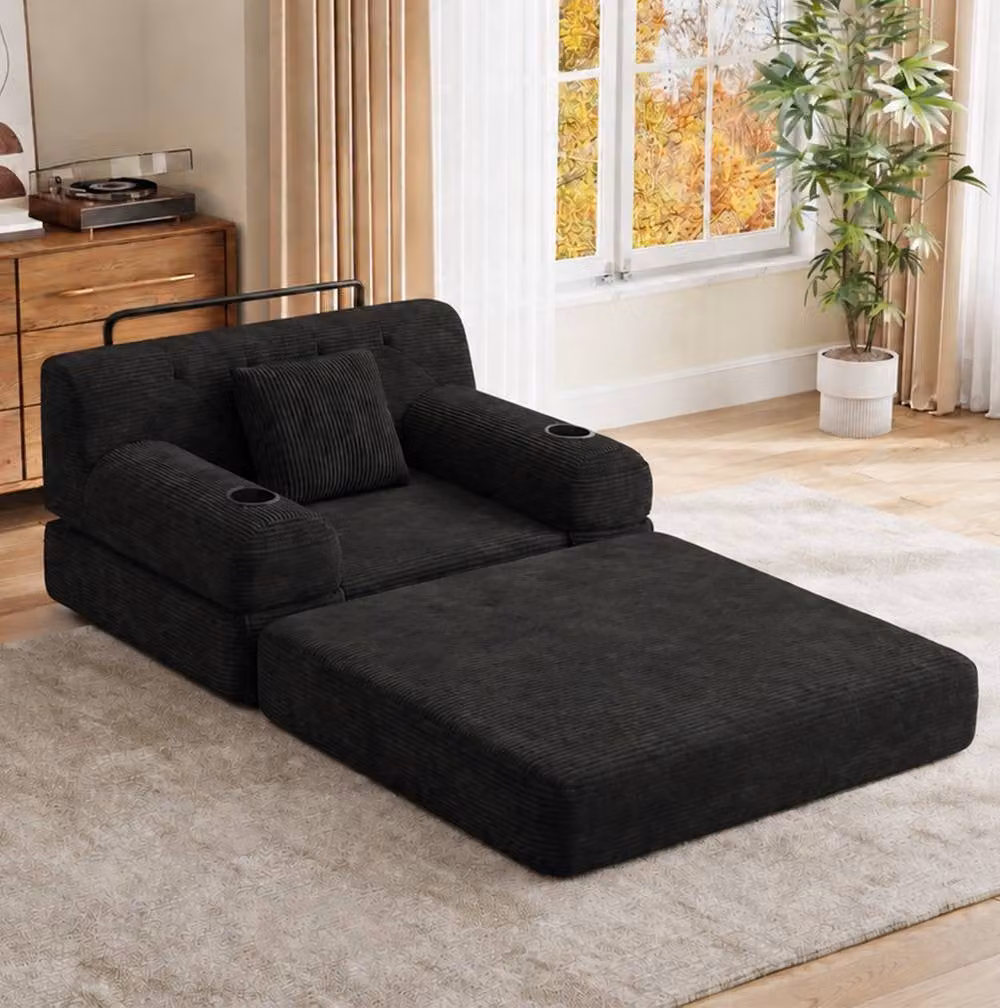 STILVORA Modern Upholstered Sleeper Sofa with Cup Holders and Metal Frame in Black – 2