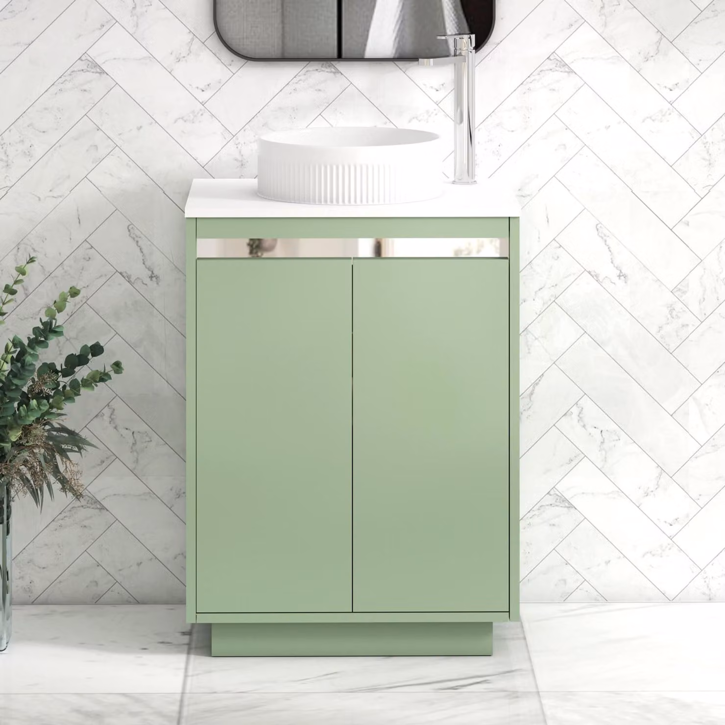 Royal Bathrooms Orion 600mm Mint Sage Floor Standing 2 Door Vanity Unit with Round Basin and Chrome Accent Trim