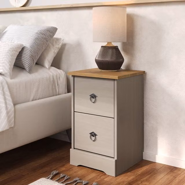 Corona Classic Grey Pine 2 Drawer Compact Bedside Cabinet Storage Unit in Grey Washed Wax