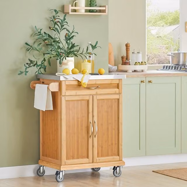 SoBuy Brown Bamboo Kitchen Cabinet Trolley with Hinged Doors and Internal Drawers