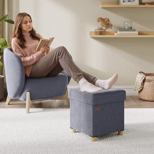 The Bazaarist Compact Velvet Storage Cube Ottoman Stool in Grey, W: 38 cm, D: 40 cm, H: 38 cm