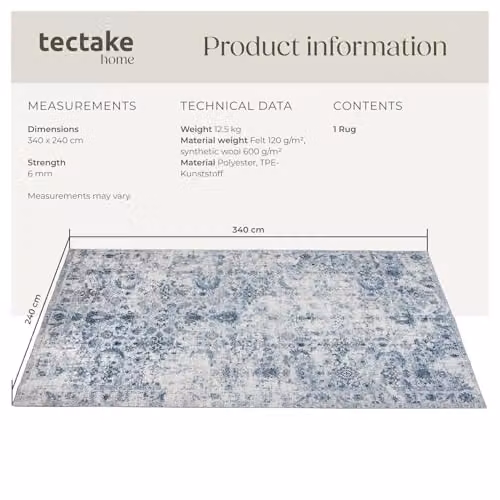 tectake Vintage Amara Rug in Blue, Machine Washable and Non-Slip, W: 240 cm, D: 340 cm – 2