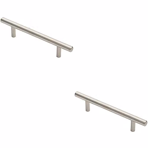 2 Pack Brushed Stainless Steel Round T-Bar Pull Handles in Silver, 146 x 10 mm with 96 mm Fixing Centres