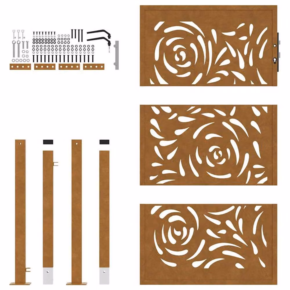 Berkfield Home Beautiful Garden Gate in Brown Weathering Steel with Flame Design, W: 105 cm, H: 155 cm – 4