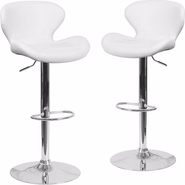 Havendro Set of 2 White Faux Leather Bar Stools with Chrome Adjustable Footrest