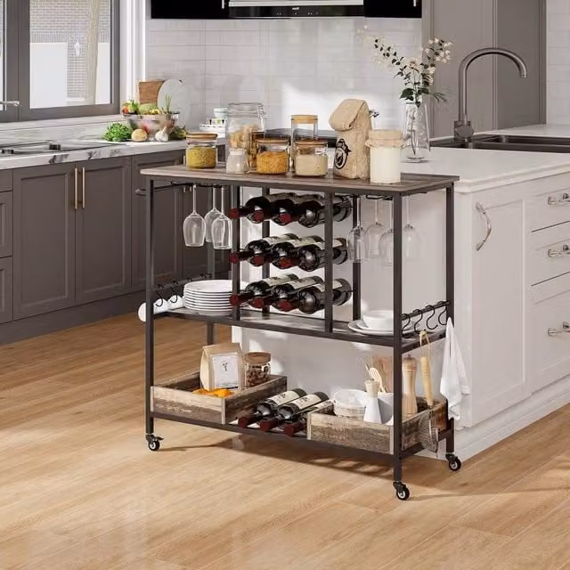 KORVIXA 3-Tier Black Metal and Glass Bar Cart with Castors – 1