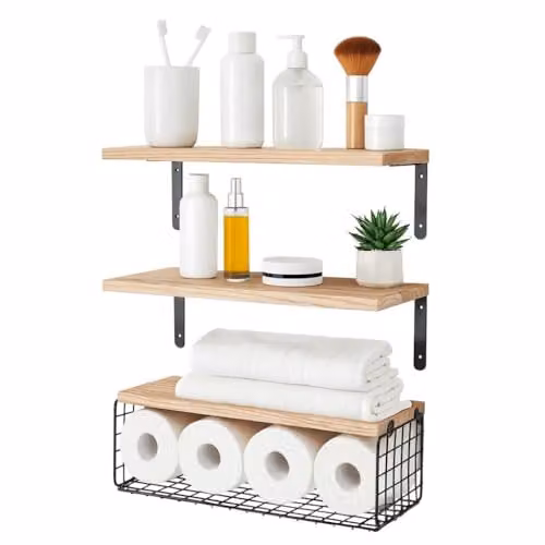 Harbour Housewares Set of 3 Rustic Brown Wooden Floating Shelves with Wire Storage Baskets, Wall Mounted, W/D/H: 42 x 15 x 15 cm – 1