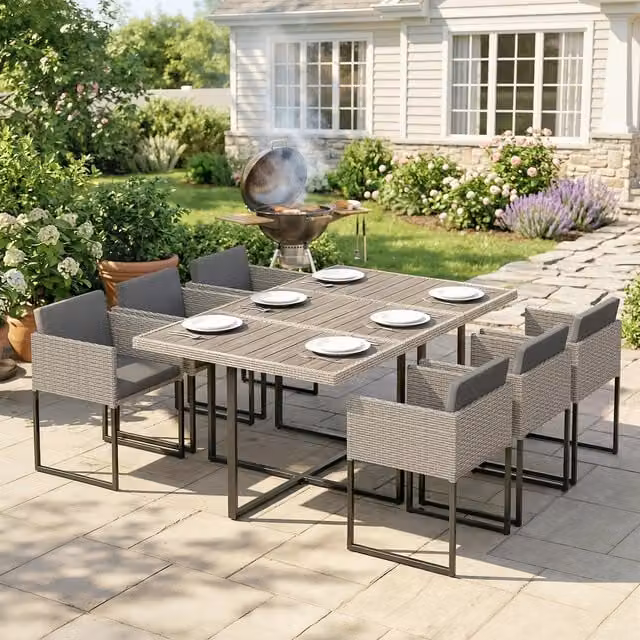 Outsunny Seven Piece Modern Rattan Garden Furniture Set in Light Grey