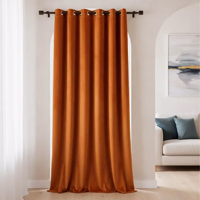Velosso Orange Matte Velvet Thermal Insulating Fabric Panel Curtain with Rod Pocket