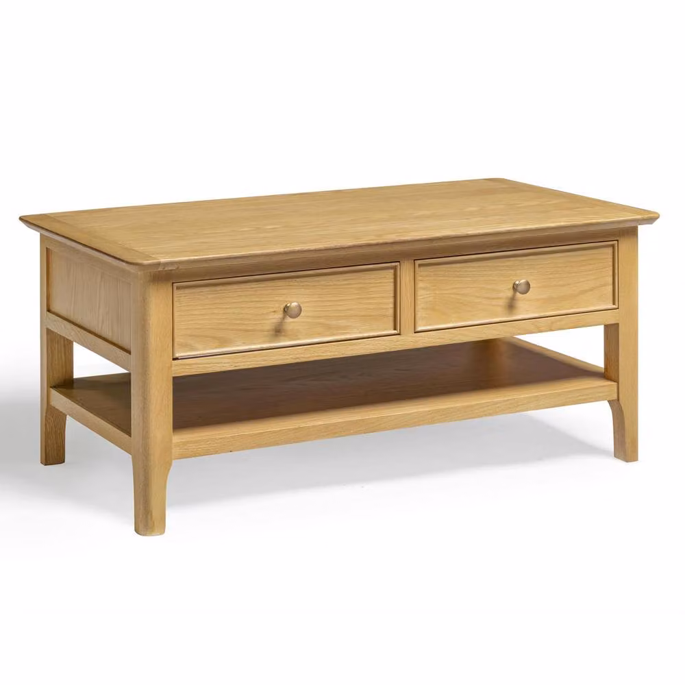 FurnitureboxUK Belle 2 Drawer Rectangular Solid Oak Wood Coffee Table in Light Brown – 2
