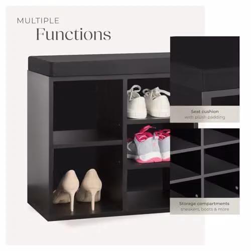tectake Shoe Rack Max in Black with Adjustable Shelves and Fabric Seat Cushion – 6