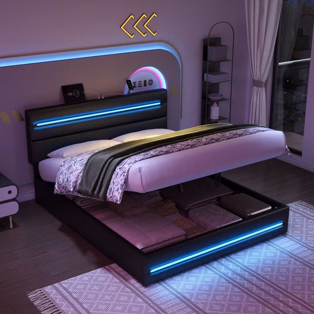 Merax Faux Leather Upholstered Ottoman Bed with LED Lighting and USB Charging Port in Black, W/D/H: 140 x 200 cm – 2