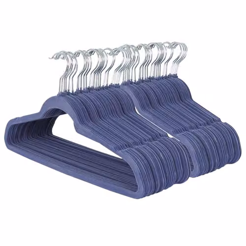 Harbour Housewares Blue Non-Slip Velvet Hangers with Trouser Bar, Pack of 50