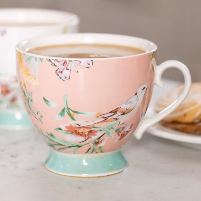 KitchenCraft Set of 4 Pink Floral Ceramic Footed Mugs