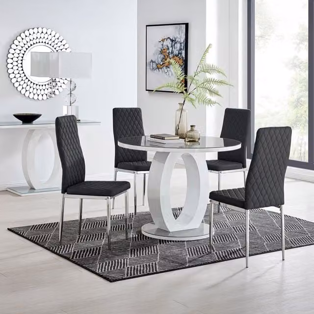 FurnitureboxUK Giovani Round Glass Dining Table and 4 Milan Chairs Set, Grey and Black, Diameter: 120 cm