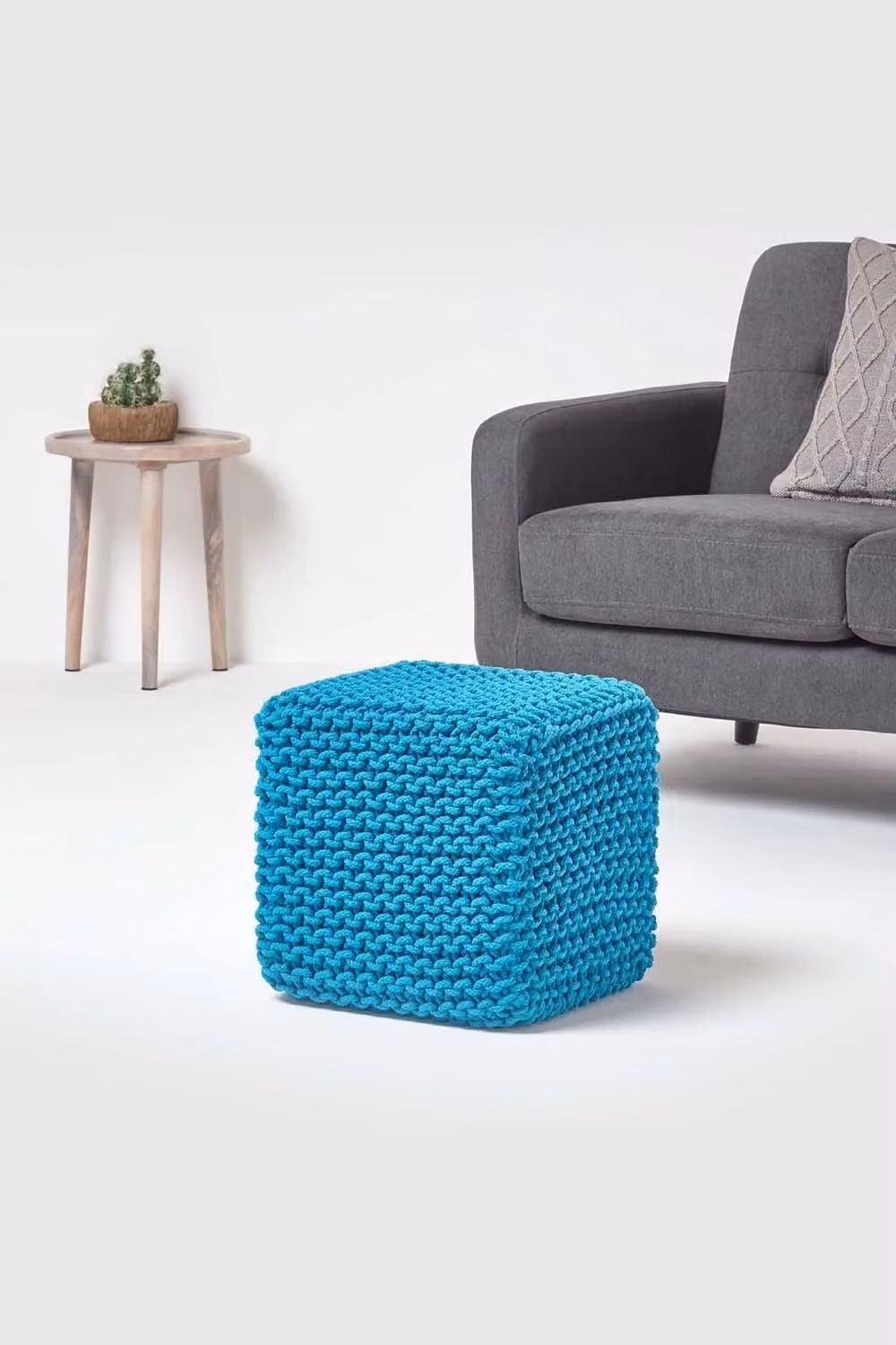 Homescapes Cube Cotton Knitted Pouffe Footstool in Petrol Blue – 2