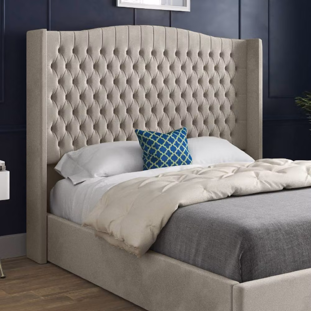 Casani Rousdon Winged Upholstered Designer Bed Frame in Beige Velvet, Small Single – 4