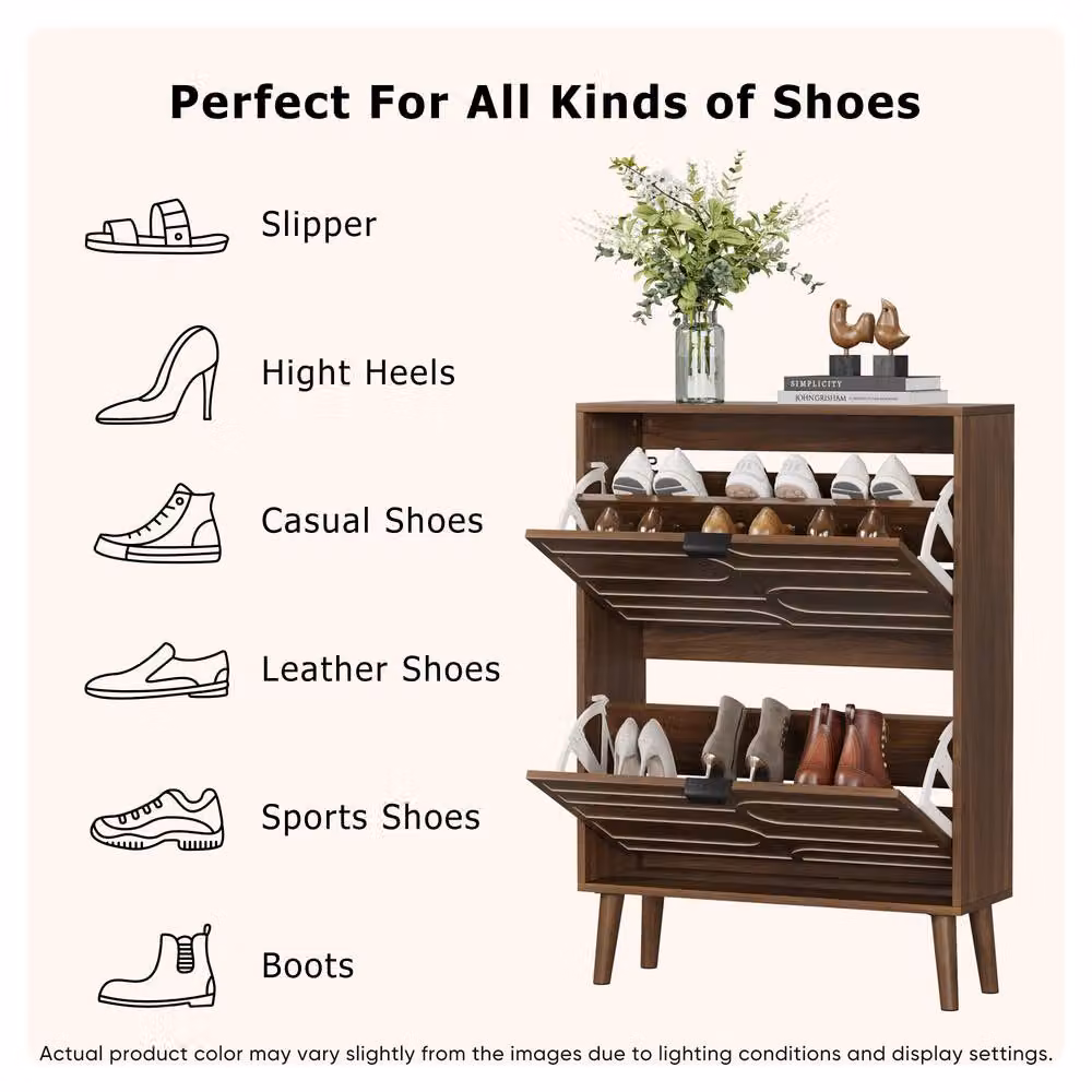 Merax Walnut Shoe Storage Cabinet in Brown with Tilting Compartments and Open Shelf – 4