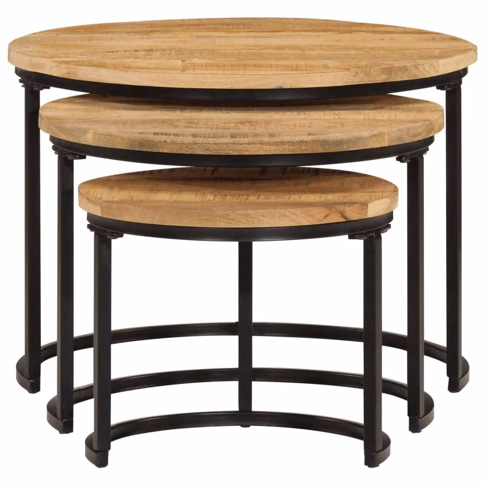 Berkfield Home Set of 3 Round Nesting Tables in Brown Solid Mango Wood – 3