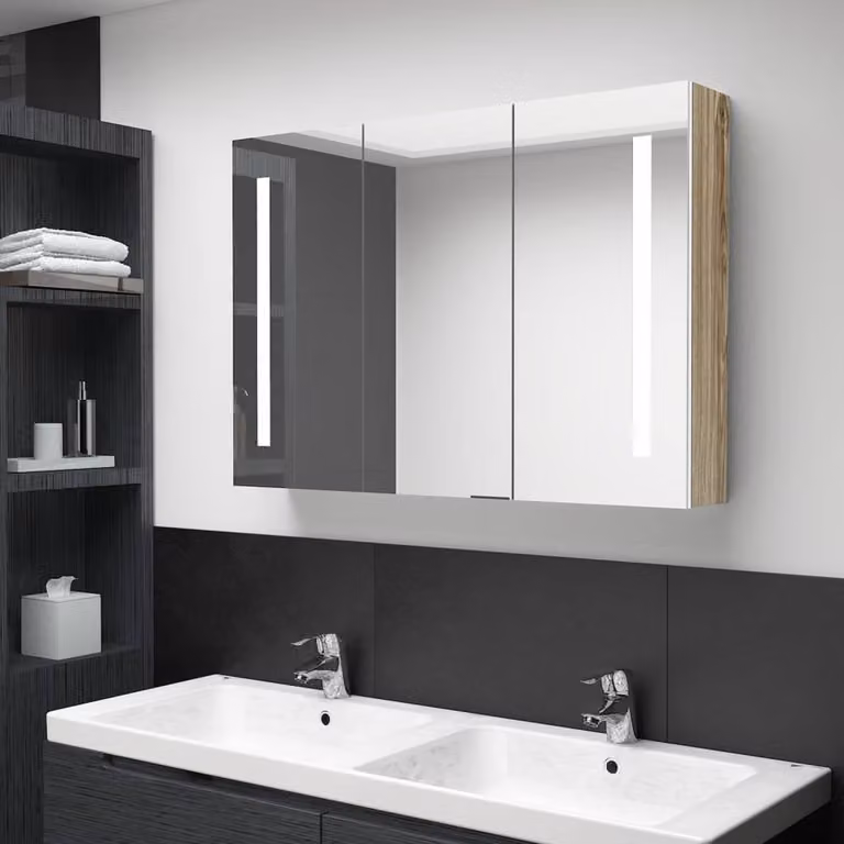 Berkfield Home LED Bathroom Mirror Cabinet in White and Oak, W: 89 cm, D: 14 cm, H: 62 cm