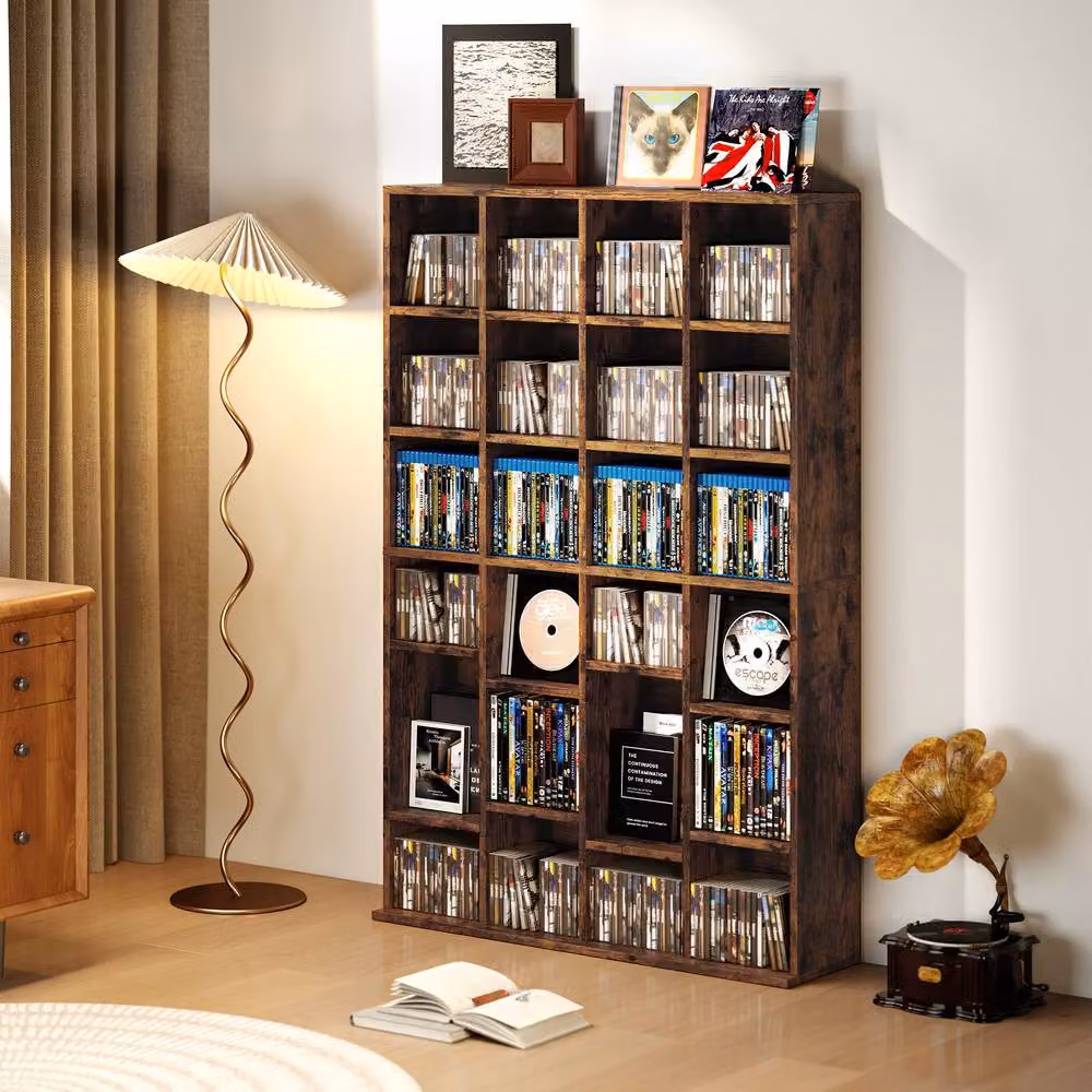 STILVORA CD Storage Unit with Adjustable Shelves and Media Compartments in Brown – 10