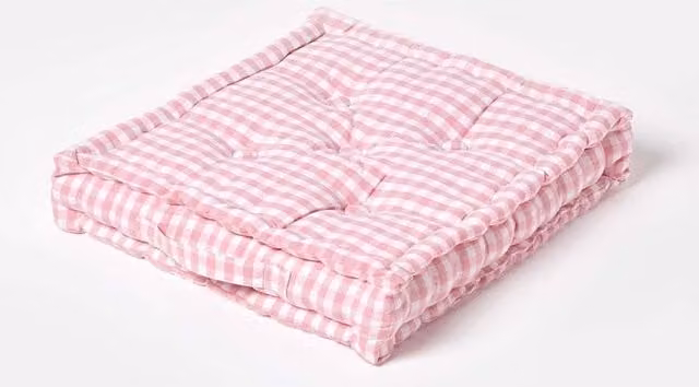 Homescapes Pink and White Gingham Check Cotton Floor Cushion, W/D/H: 40 x 40 x 8 cm