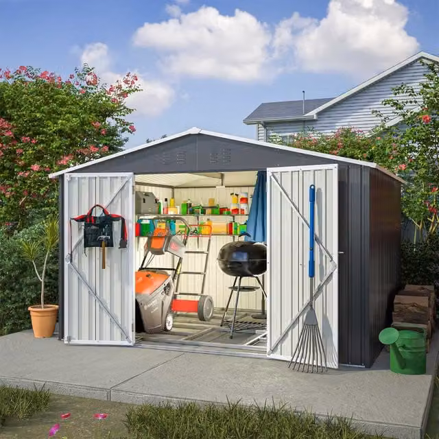 BIRCHTREE Anthracite Metal Garden Shed with Double Doors and Foundation