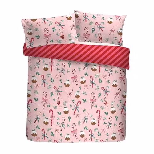 Fusion Festive Fancy Christmas Reversible Pink Duvet Cover and Pillowcase Set, W/D/H: 140 x 200 cm, Cotton Blend – 1