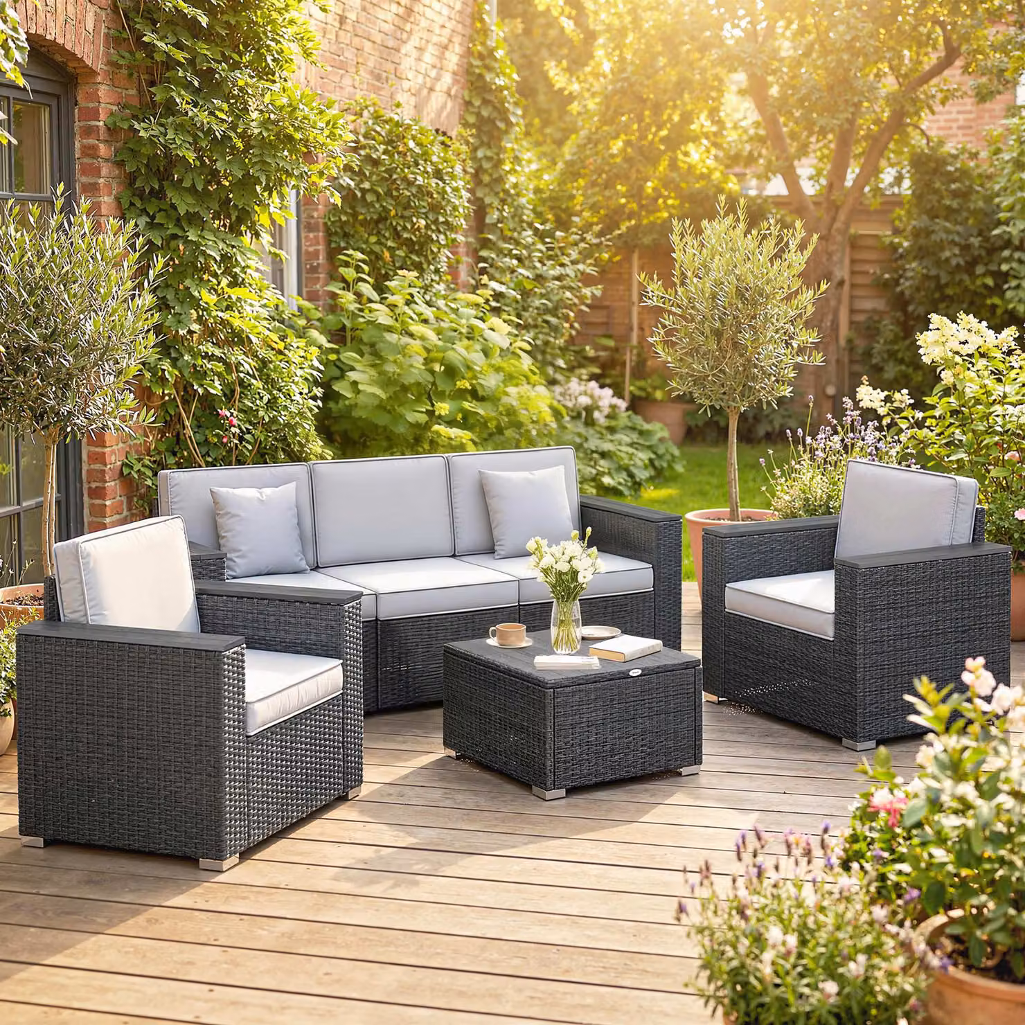 Outsunny 5 Seater Rattan Garden Furniture Set in Grey with Upholstered Cushions and Coffee Table – 2