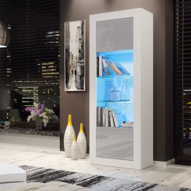 Creative Furniture Illume Modern Display Cabinet in White and Grey with Glass Doors and Integrated LED Lighting, H 170 x W 63 x D 35 cm