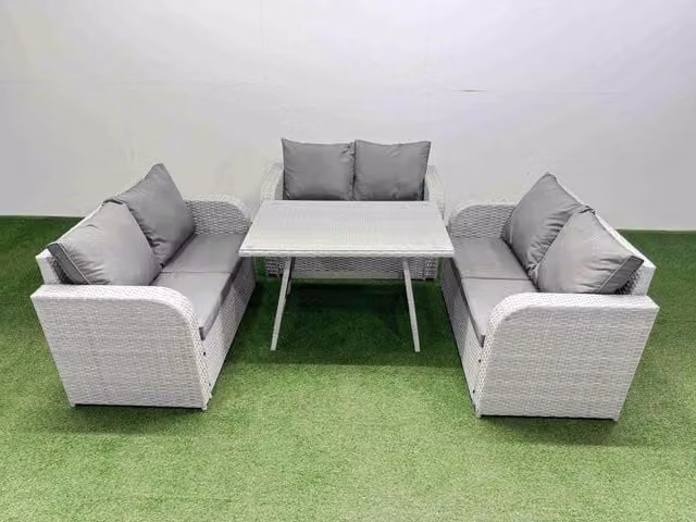 Fimous 6-Seater Rattan Garden Dining Set with Rectangular Glass Top Table in Light Grey