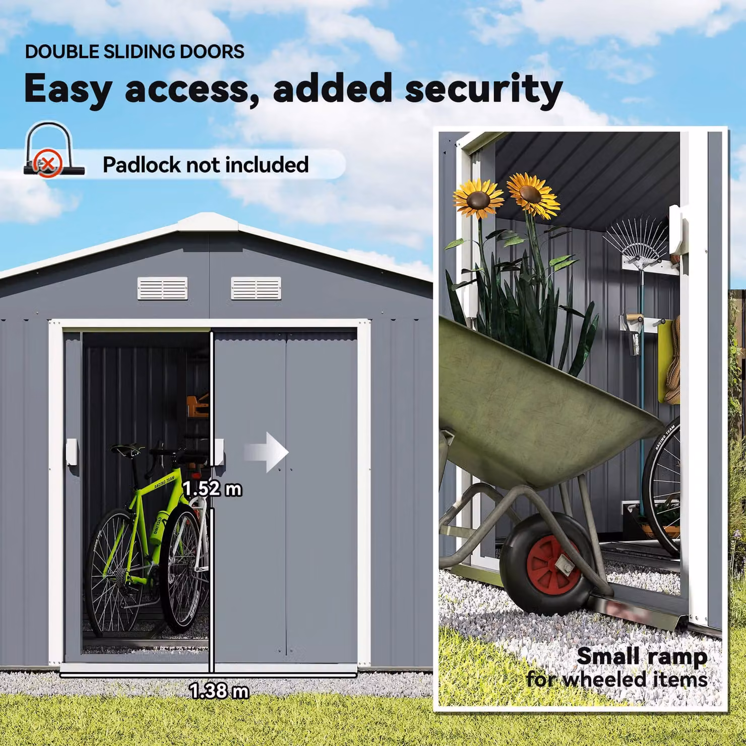 Outsunny Grey Galvanised Steel Pent Garden Storage Shed with Sliding Doors and Side Vent – 5