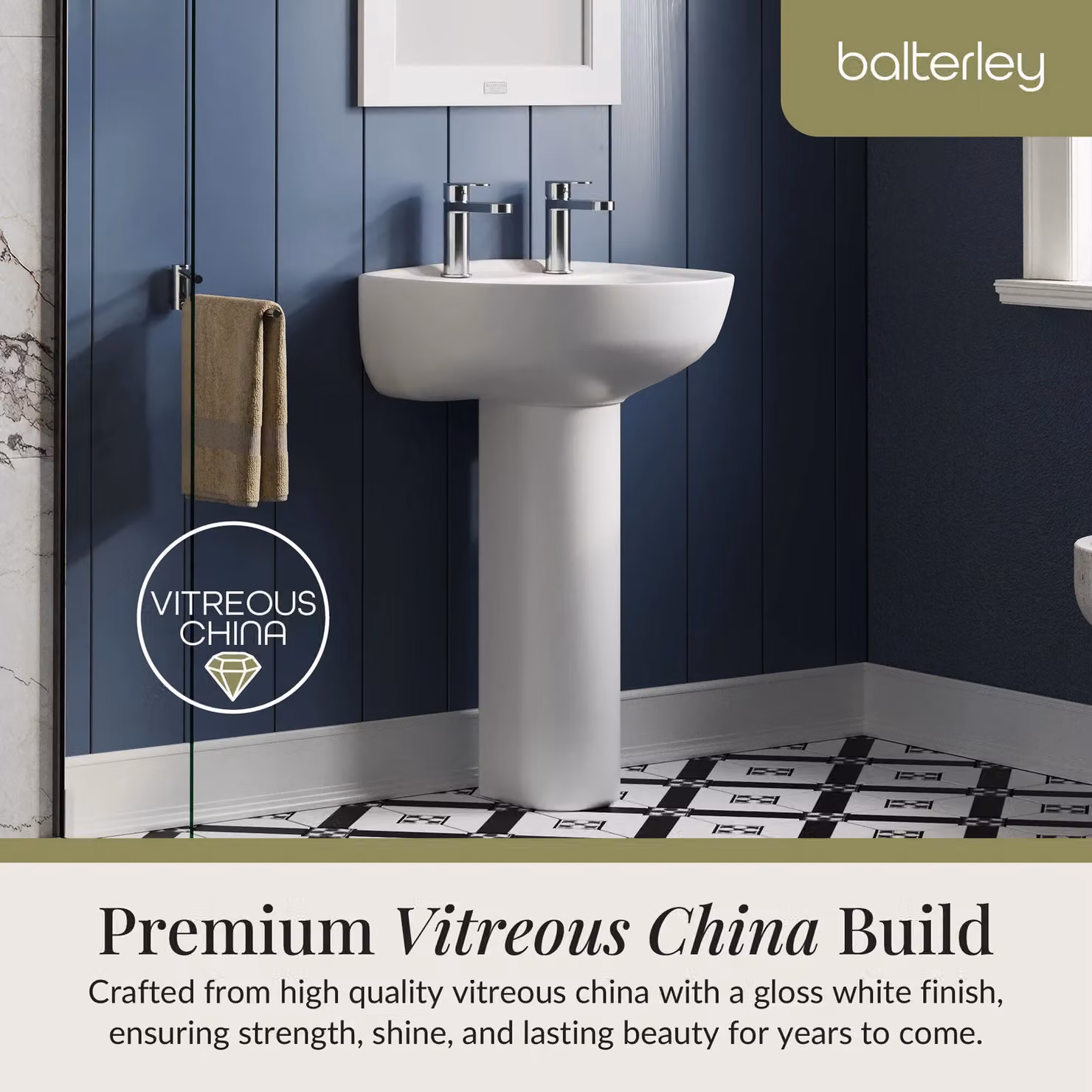 Balterley Adley Round 2 Tap Hole Ceramic Basin with Full Pedestal and White Pillar Tap, W: 550 mm – 3