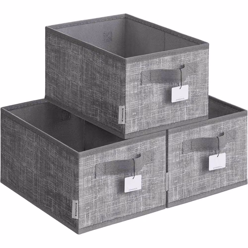 The Bazaarist Pack of 3 Foldable Fabric Storage Baskets with Handles and Label Holders, Grey – 2