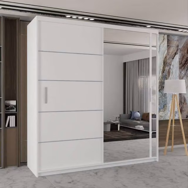 Sliding Wardrobes 4U Modern Double Sliding Wardrobe with Integrated LED Lighting, White, W: 203 cm, H: 217 cm, D: 62 cm