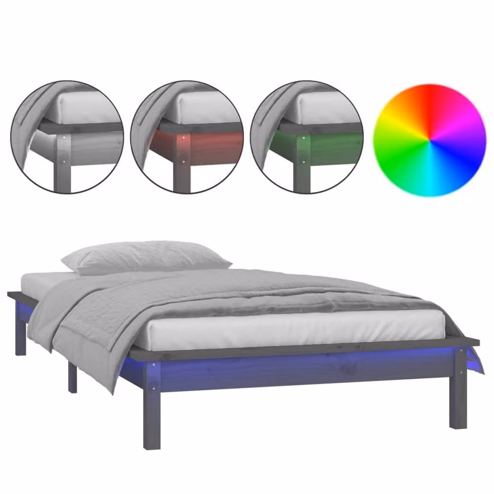 Berkfield Home Modern Grey Solid Pine Wood LED Bed Frame W/D/H: 90 x 200 cm – 3