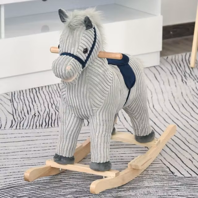 HOMCOM Childrens Wooden Rocking Horse with Sound in Grey and White