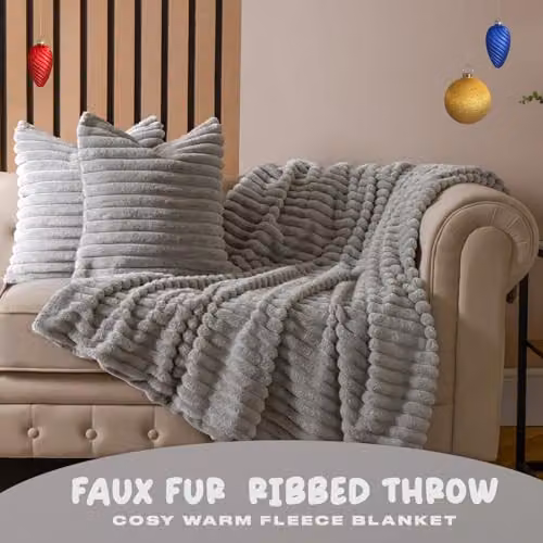 OHS Grey Faux Fur Ribbed Fleece Throw Blanket, W/D/H: 125 x 150 cm – 2