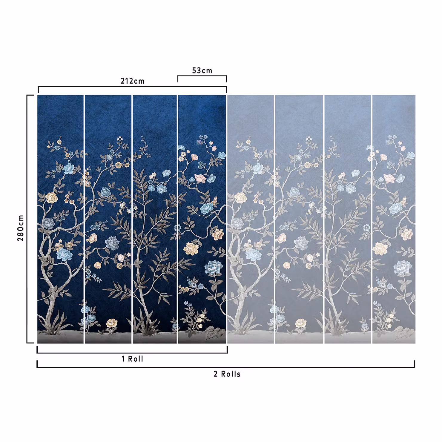 Grandeco Embroided Chinoiserie Floral and Botanical Mural in Blue, W: 2.80 m, H: 2.12 m – 2