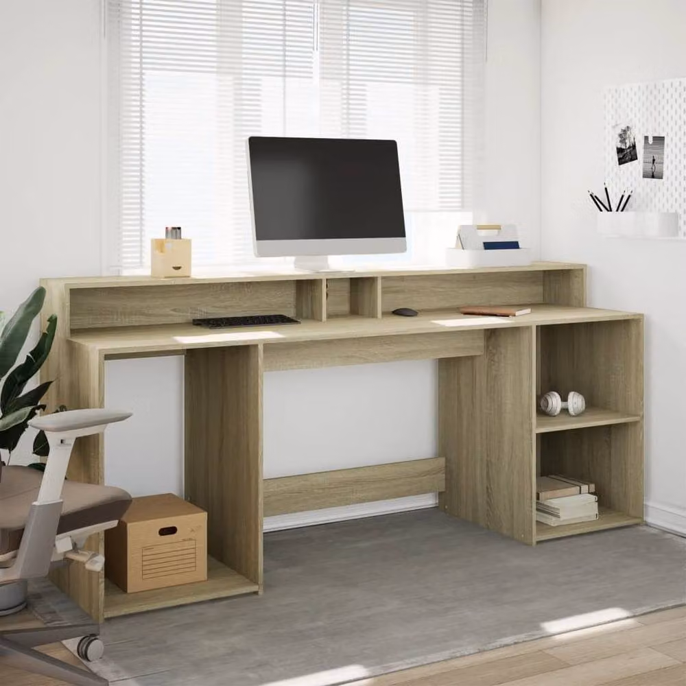 Berkfield Home Gaming Desk with LED Lights in Sonoma Oak, W/D/H: 200 x 55 x 91 cm – 2