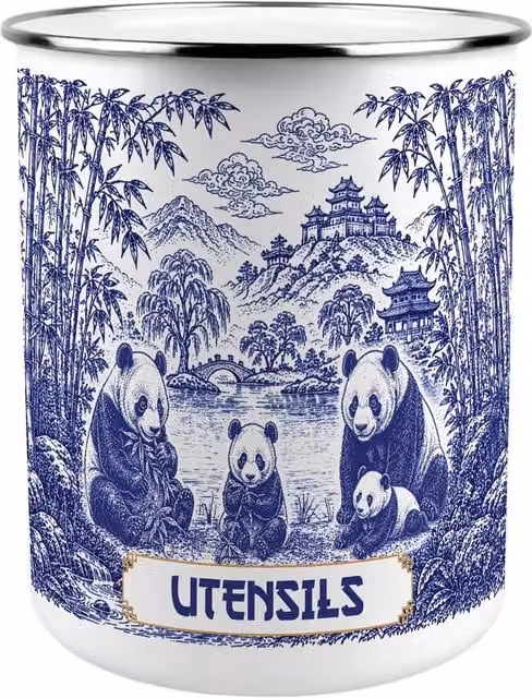 Purely Home Forest Pandas Ceramic Kitchen Utensil Holder in Blue