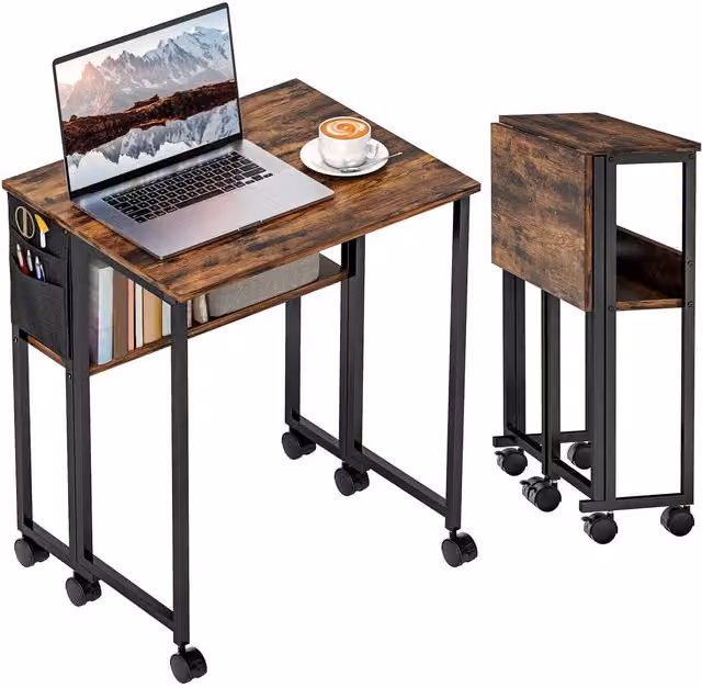 Rolipo Brown Drop Leaf Writing Desk with Castors