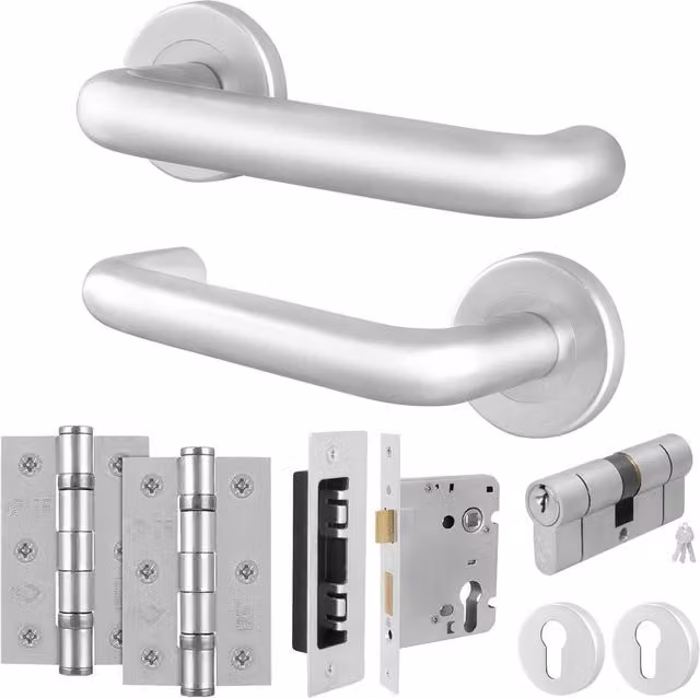 AFIT Satin Aluminium Return to Door Handles with Euro Double Cylinder Hinges, Silver, 150 x 150 mm – 1