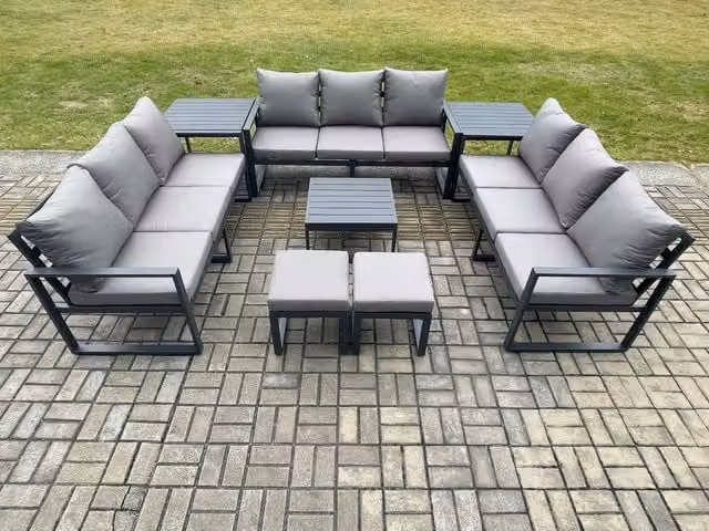 Fimous 11 Seater Grey Powder Coated Aluminium Outdoor Garden Furniture Set with U-Shape Sofa, Coffee Table and Ottomans