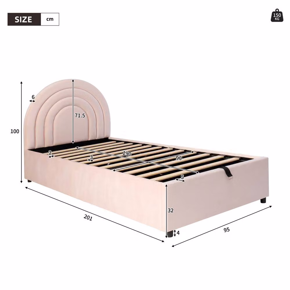 BTM Single Velvet Upholstered Bed with Headboard and Lift Up Base, Pink, W/D/H: 90 x 190 cm – 4