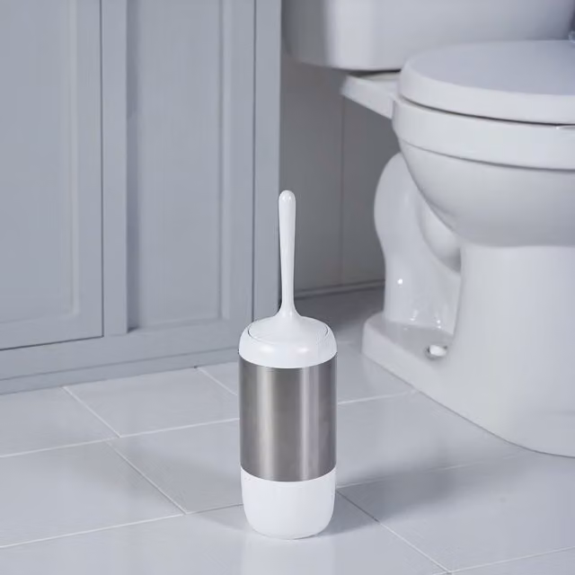 Showerdrape Elite Freestanding Covered Toilet Brush and Holder Set in White and Silver – 2