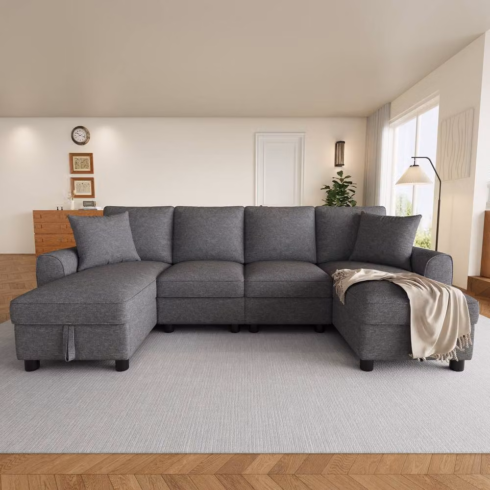 FENCHILIN Grey Chenille U-Shaped Sectional Sofa with 2 Storage Chaise Lounges and Scatter Cushions – 4